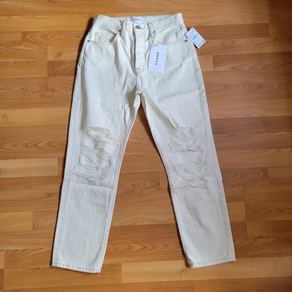 Frame Le Original Ripped Straight Leg High Rise Jeans In Off-White Size 27